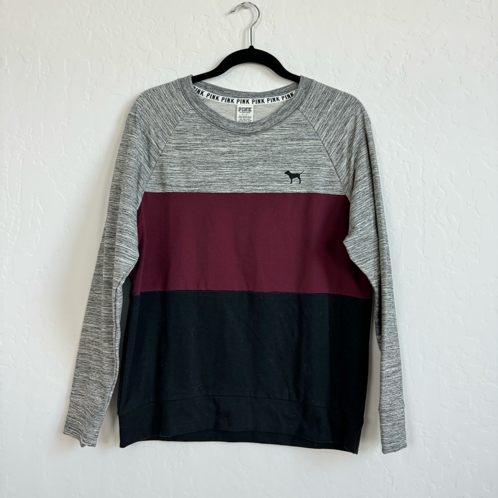 PINK Color Blocked Grey Black and Maroon Crewneck